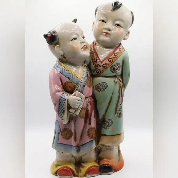 Vintage Antique Japanese Porcelain Polychrome Kutani Imari Double Statue 14"Tall - Picture 3 of 9